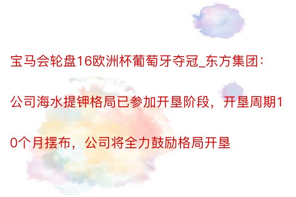 宝马会轮盘16欧洲杯葡萄牙夺冠_东方集团：
公司海水提钾格局已参加开垦阶段，开垦周期10个月摆布，公司将全力鼓励格局开垦