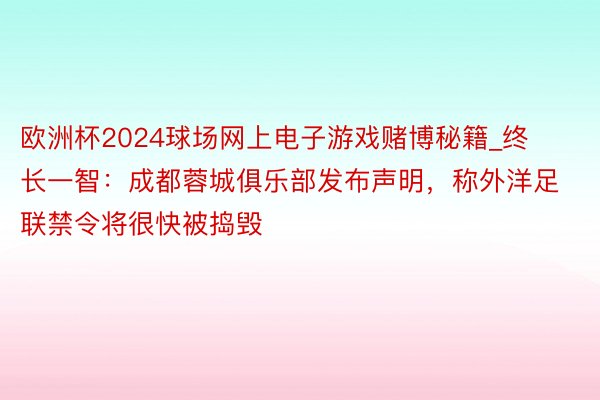 欧洲杯2024球场网上电子游戏赌博秘籍_终长一智：成都蓉城俱乐部发布声明，称外洋足联禁令将很快被捣毁
